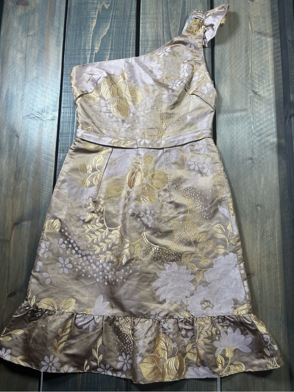 Vera Wang Lavender Label Vintage Silk One-Shoulder Metallic Floral Dress
